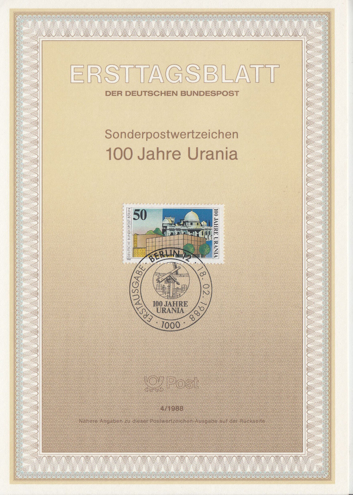 TIMBRE FDC ALLEMAGNE BERLIN OBL ERSTTAGSBLATT URANIA OBSERVATOIRE 1988 122243420367