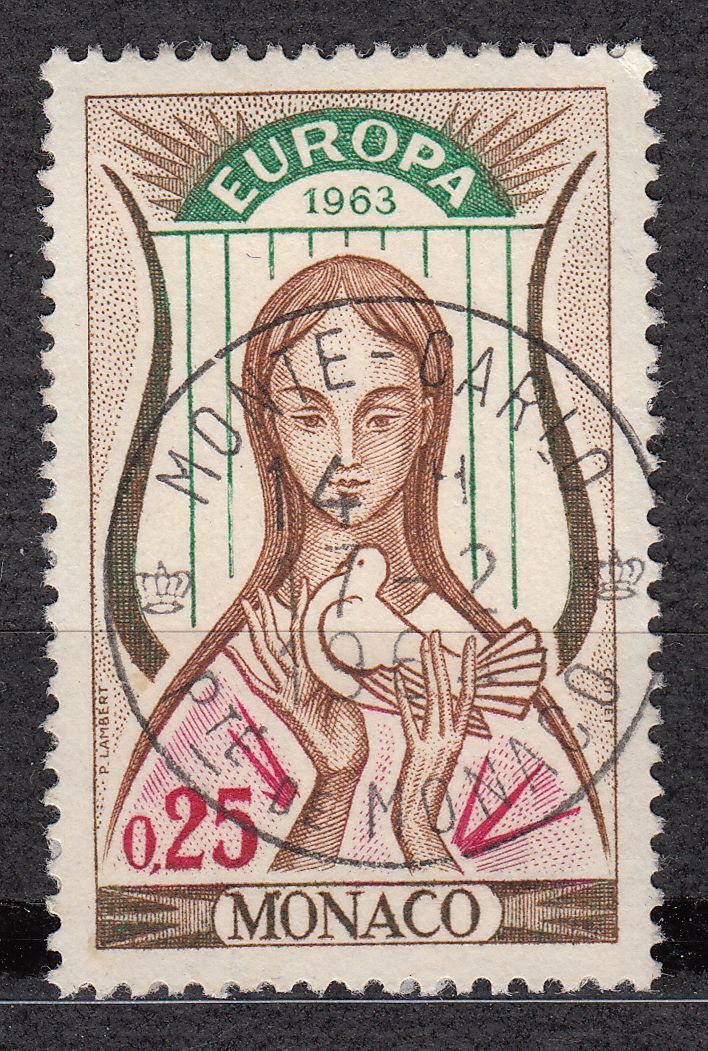 TIMBRE MONACO OBL N 618 EUROPA LYRE ET FEMME AVEC COLOMBE 401527673907