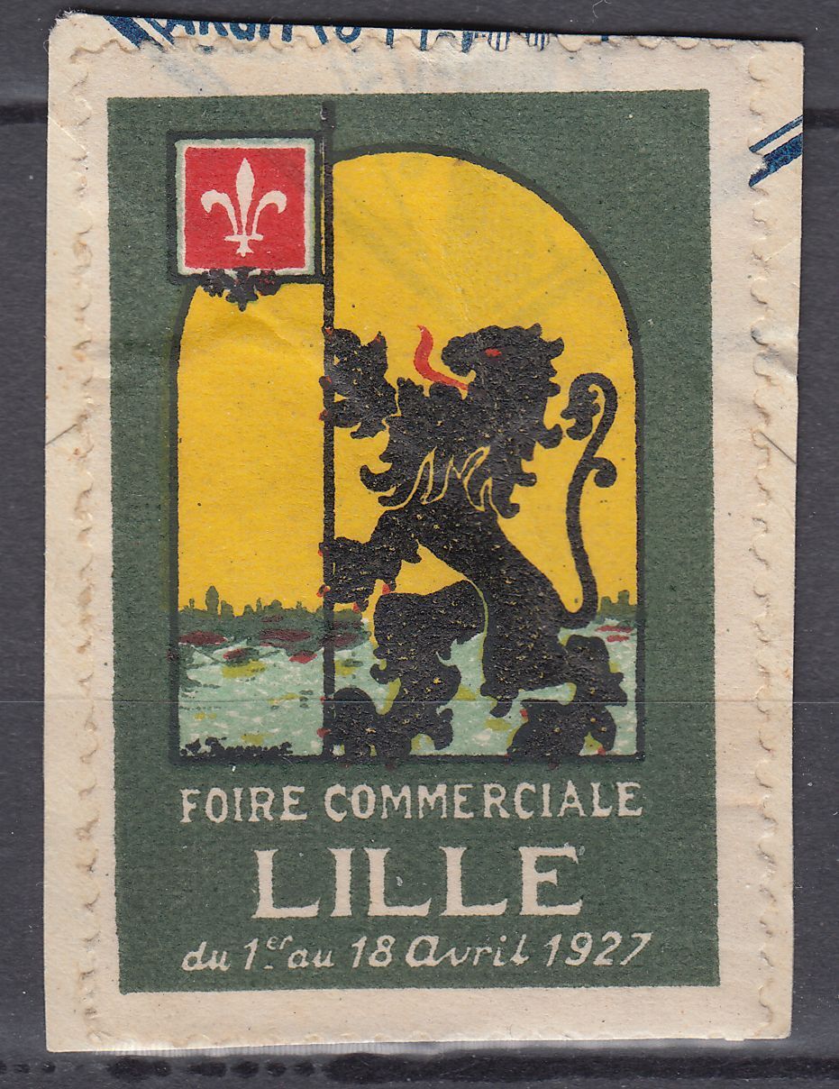 TIMBRE VIGNETTE FOIRE COMMERCIALE LILLE DU 1 AU 18 AVRIL 1927 SUR FRAGMENT 123529982407