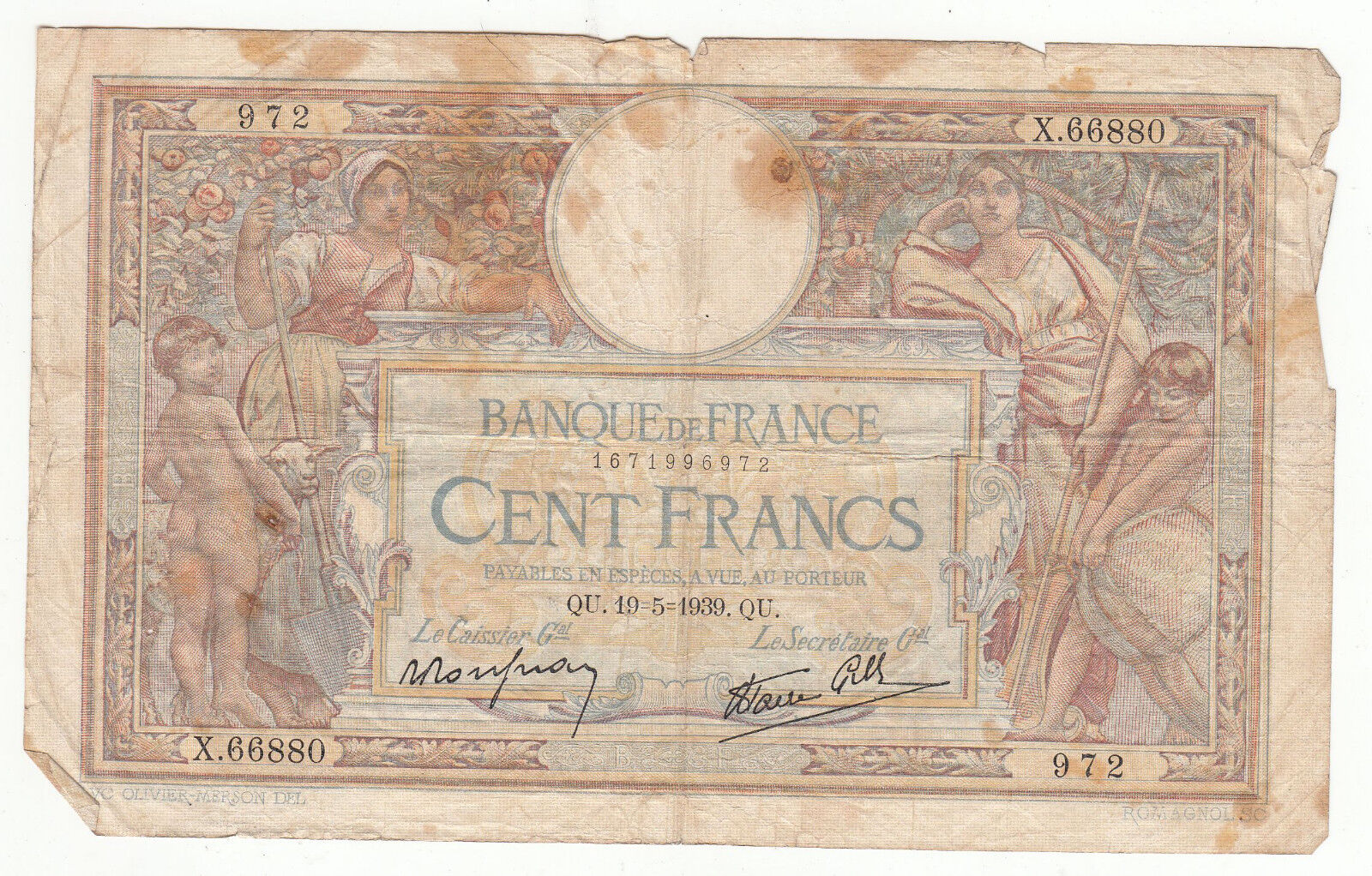 BILLET FRANCE 100 FRANCS MERSON 19 5 1939 QU 122403764088