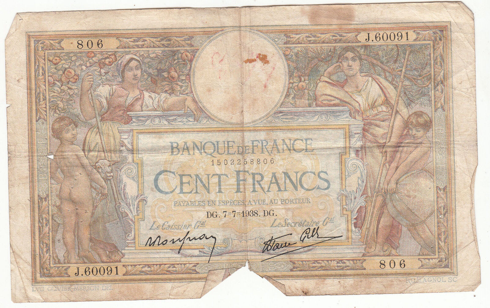 BILLET FRANCE 100 FRANCS MERSON 7 7 1938 DG 401287396078