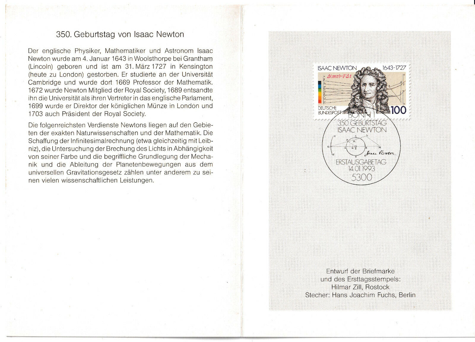 CARTE DEPLIANTE TIMBRE FDC ALLEMAGNE N 1478 ISAAC NEWTON 403574151248