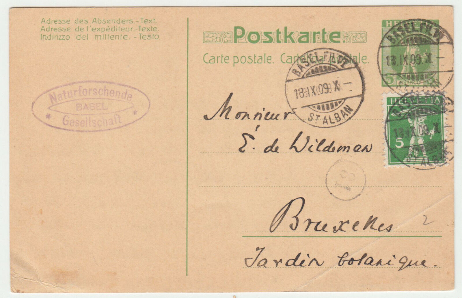 CARTE ENTIER POSTALE SUISSE 1909 BASEL POUR BRUXELLES 402824626898