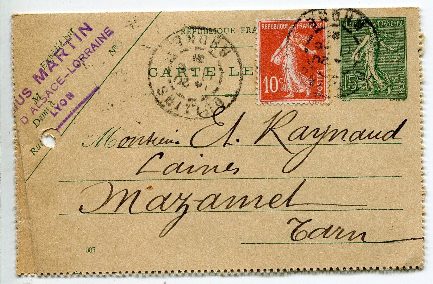 CARTE LETTRE ENTIER POSTAL 130 CP1 PLUS TIMBRE LYON MAZANET 1921 400782752828