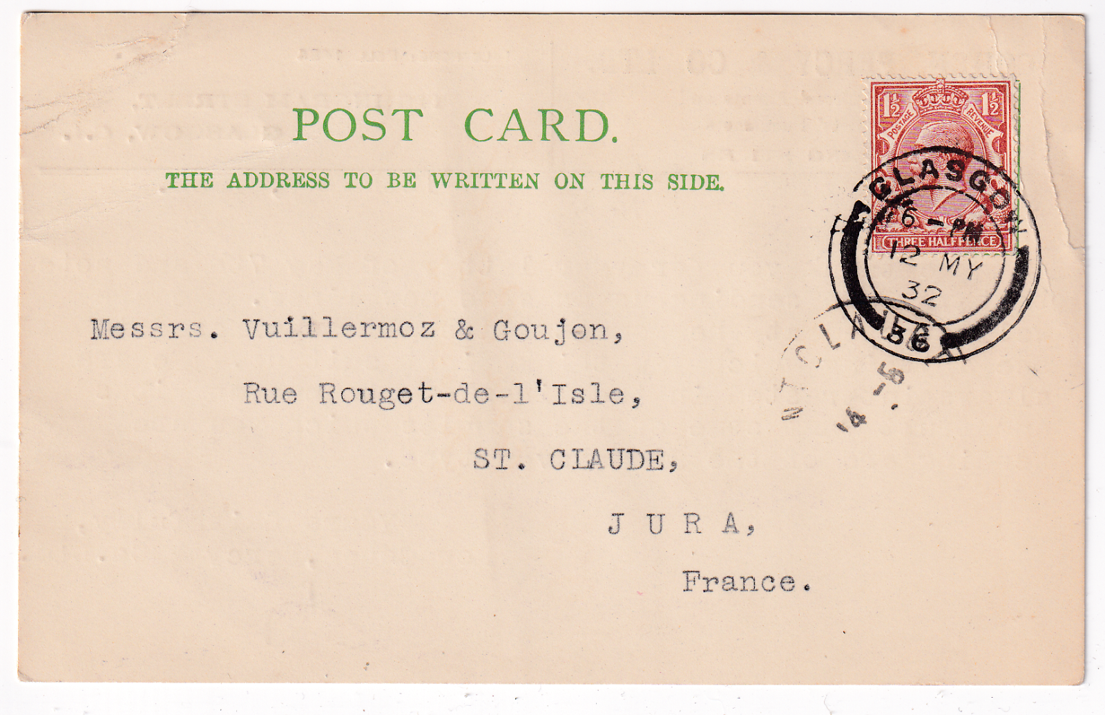 CARTE LETTRE PUBLICITAIRE GRANDE BRETAGNE POUR ST CLAUDE 1932 403424555288