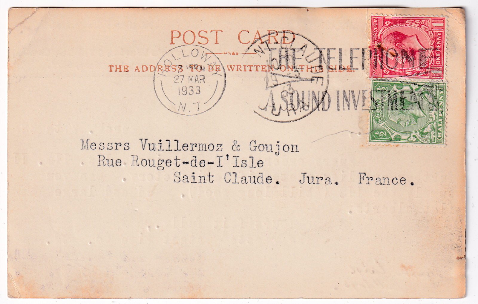 CARTE LETTRE PUBLICITAIRE GRANDE BRETAGNE POUR ST CLAUDE 1933 125112985748