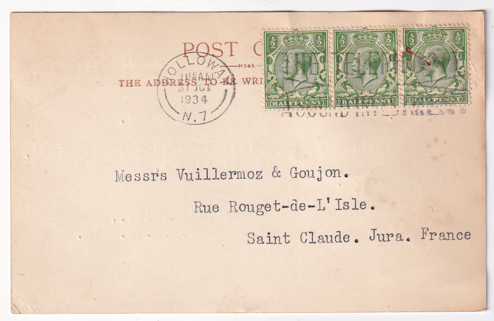 CARTE LETTRE PUBLICITAIRE GRANDE BRETAGNE POUR ST CLAUDE 1934 125112985758