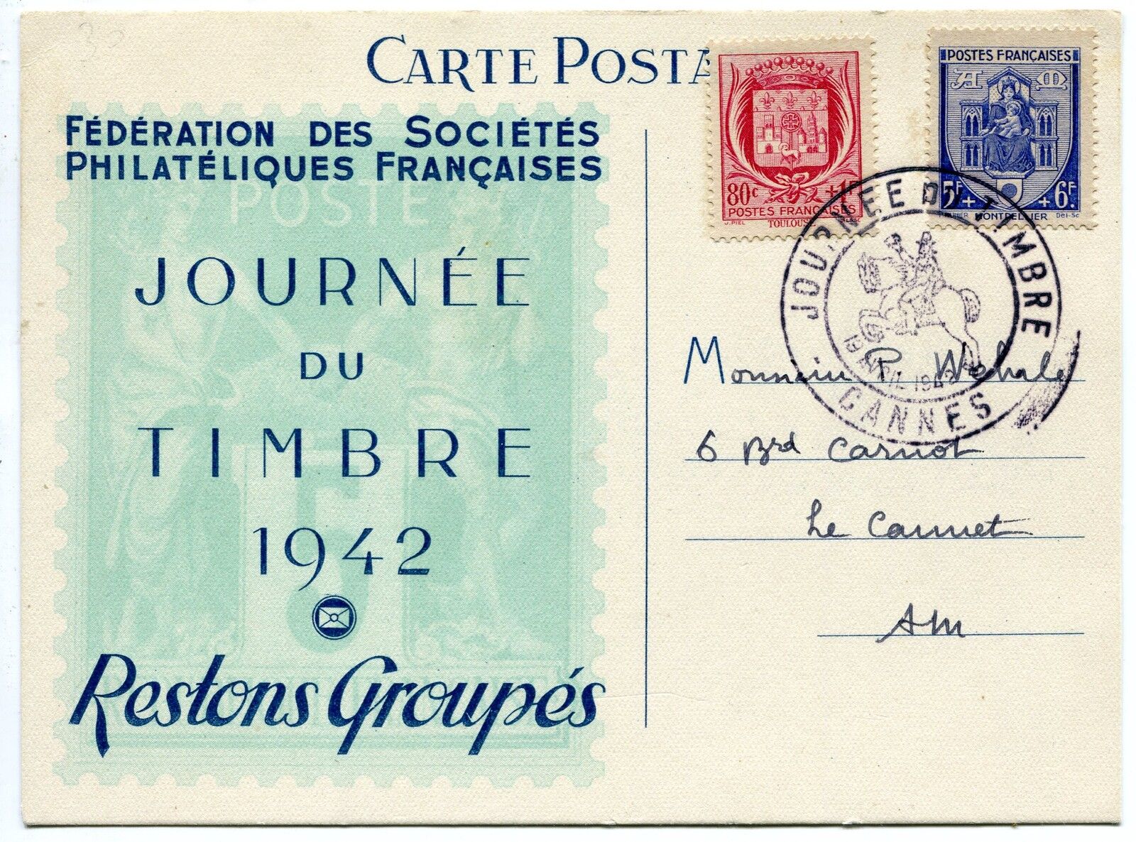 CARTE MAXIMUM 1942 FDC JOURNEE DU TIMBRE CANNES 400331052618