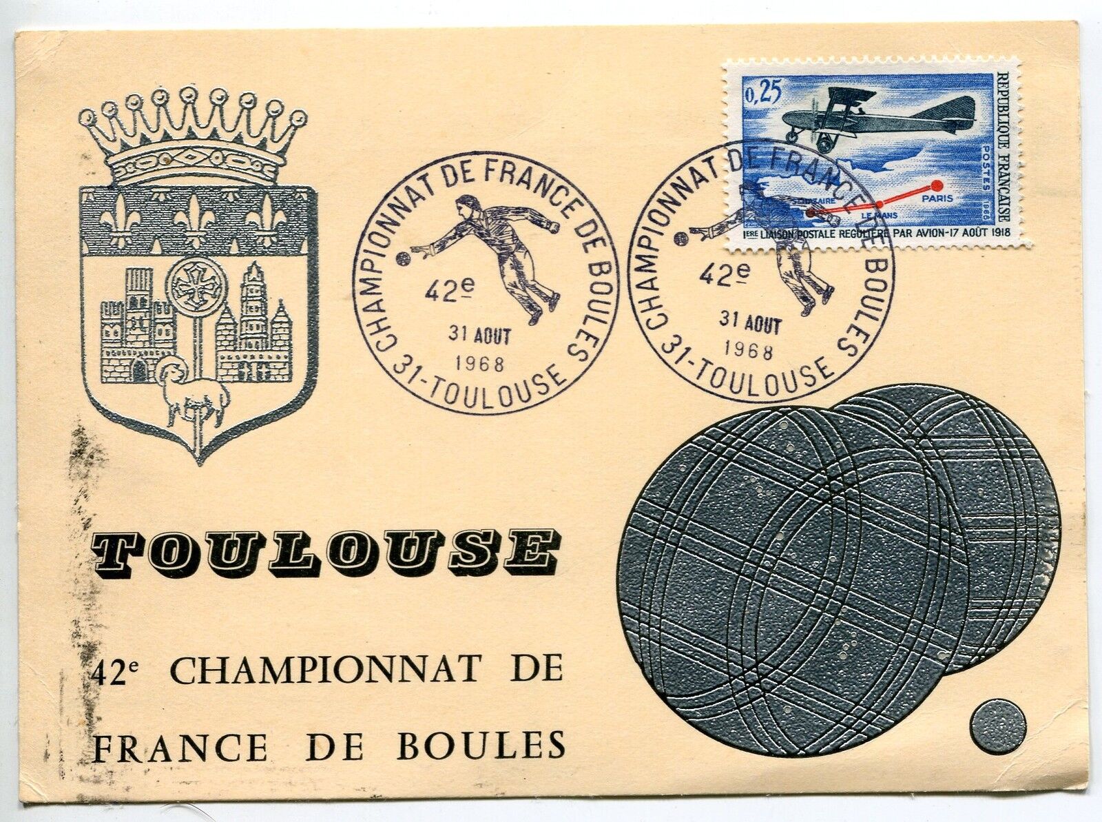 CARTE PHILATELIQUE CHAMPIONNAT FRANCE DE BOULES TOULOUSE 1968 121380528988