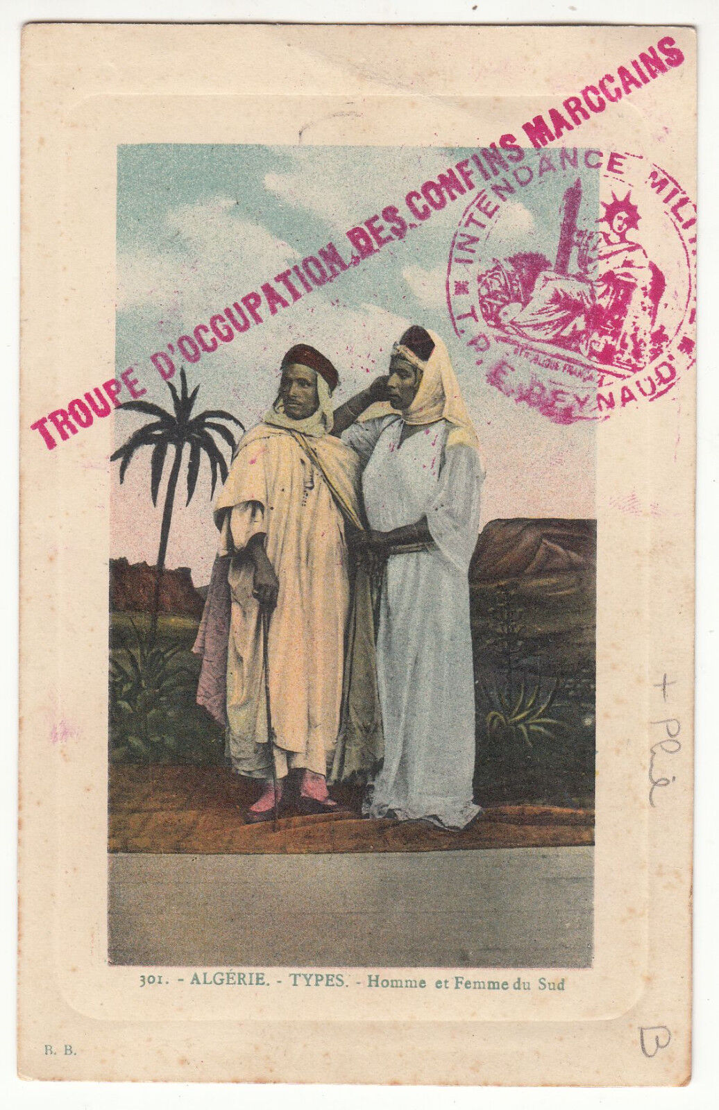 CARTE POSTALE ALGERIE TYPES HOMME ET FEMME DU SUD CACHET MILITAIRE 122910803818