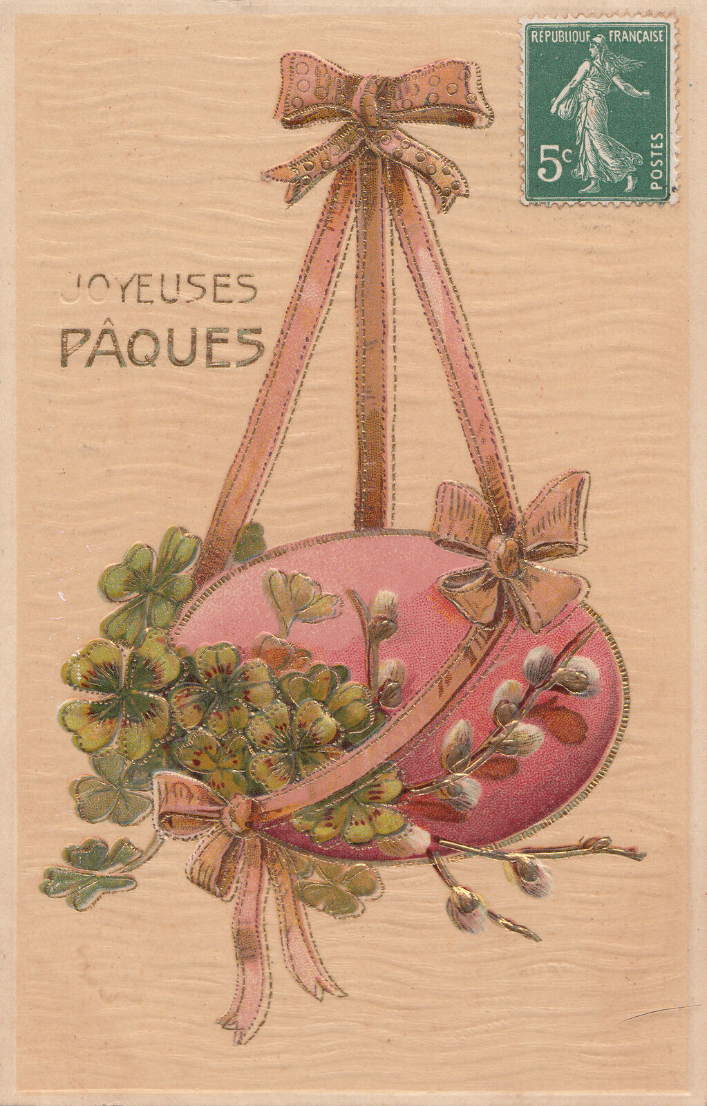 CARTE POSTALE FANTAISIE JOYEUSES PAQUES GAUFREE TREFFLE A 4 FEUILLE 400331602688