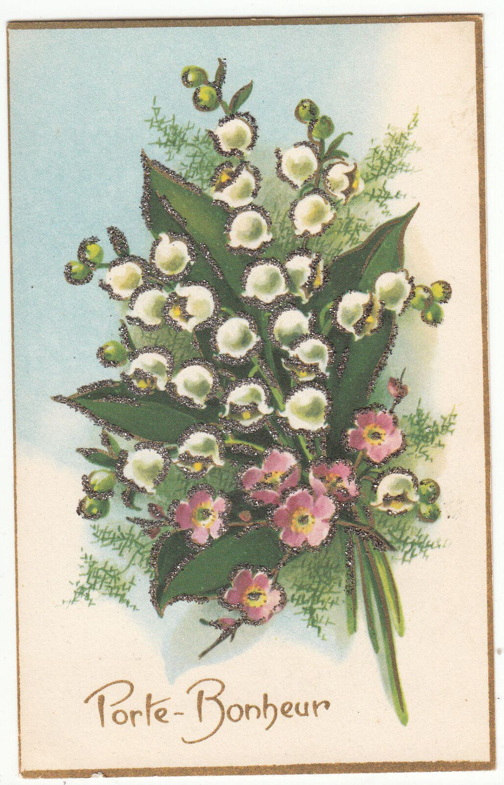 CARTE POSTALE FANTAISIE PORTE BONHEUR MUGUET PAILLETTE 122664061928