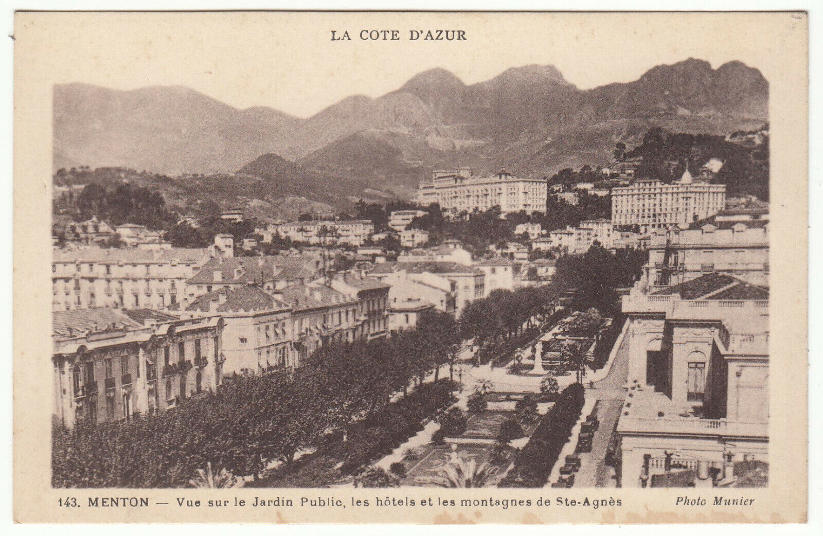 CARTE POSTALE MENTON VUE SUR LES JARDINS PUBLIC HOTELS ET MONTAGNES SAINTE AGNES 401953623598