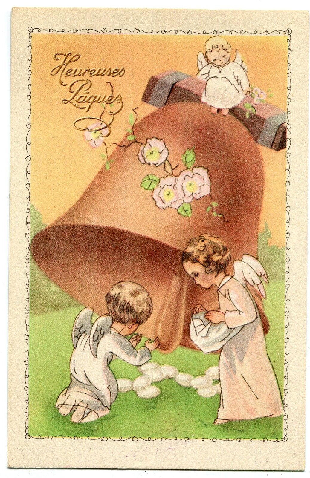 CARTE POSTALE OEUF DE PAQUE JOYEUSES PAQUES ENFANTS CLOCHE 121490835418