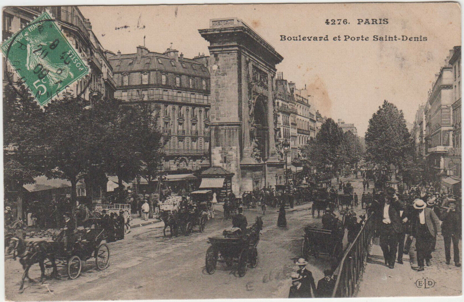 CARTE POSTALE PARIS BOULEVARD ET PORTE SAINT DENIS 1909 123918439518