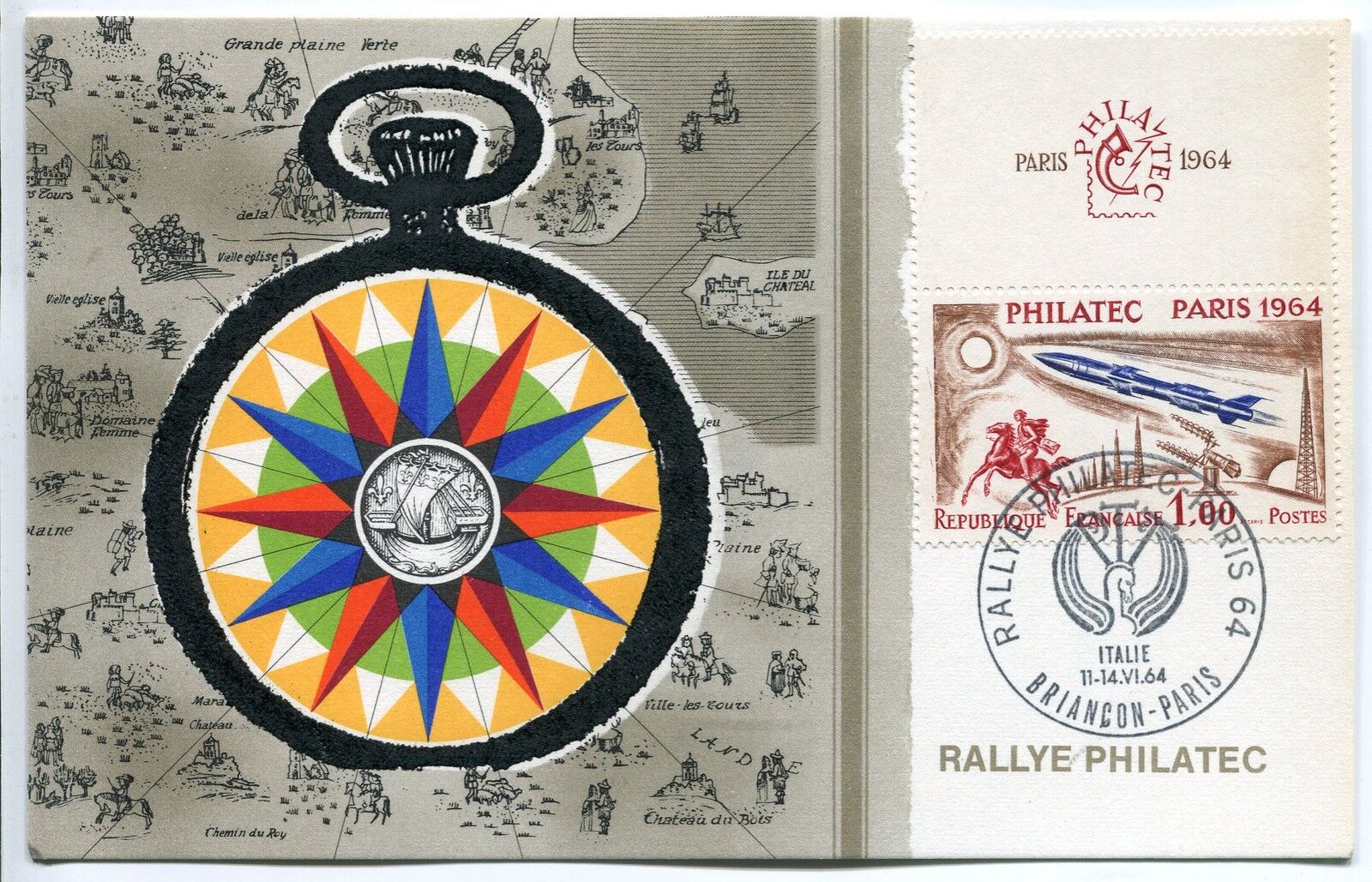 CARTE RALLYE PHILATEC BRIANCON PARIS 1964 AVEC VIGNETTE 121098099788