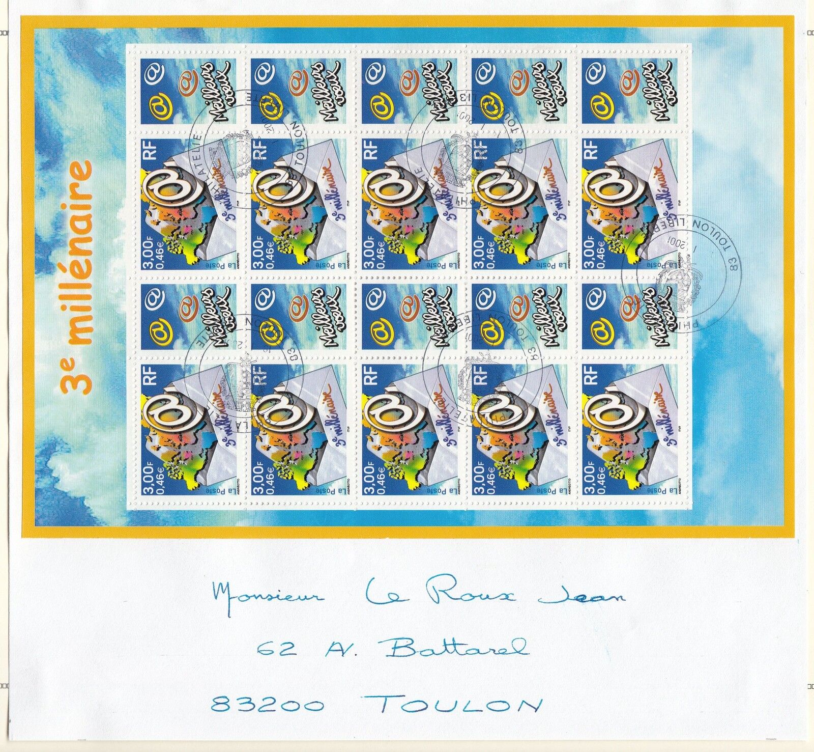 DEVANT LETTRE FEUILLE TIMBRE PERSONNALISEE OBL FRANCE N 3365 B 3 MILLENAIRE 121973456218