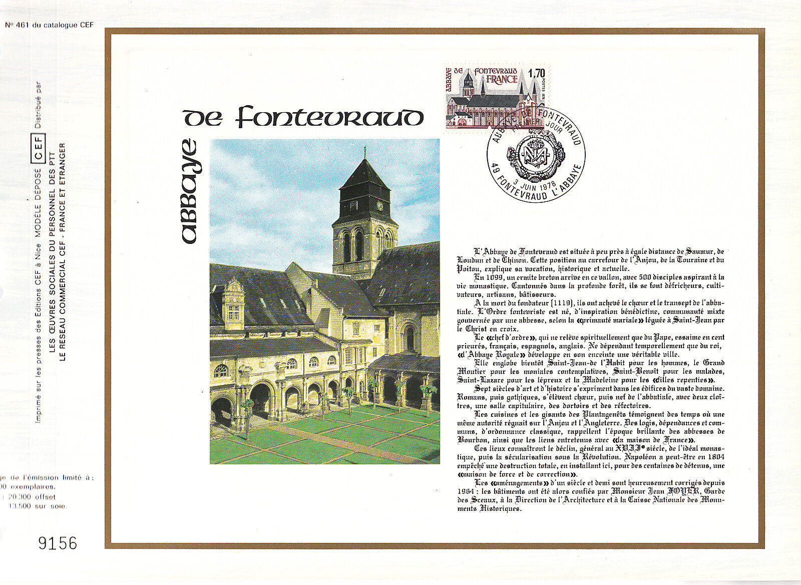 DOCUMENT CEF PREMIER JOUR 1978 ABBAYE DE FONTEVREAUD 400424791078