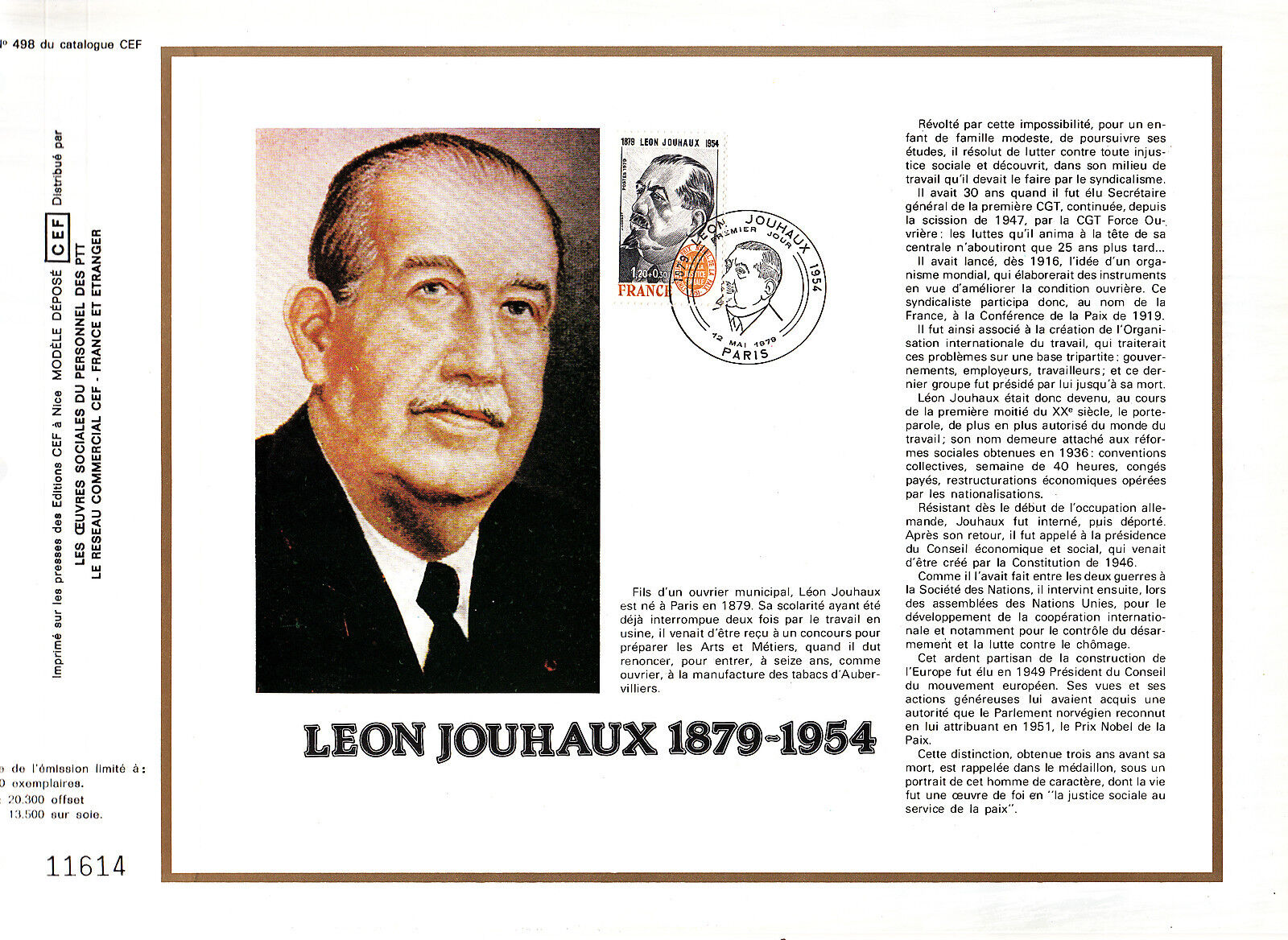 DOCUMENT CEF PREMIER JOUR 1979 LEON JOUHAUX 121074726618