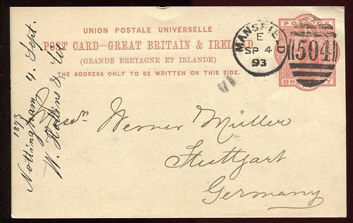 ENTIER POSTALE GREAT BRITAIN ET IRLANDE MANSFIELD 1893 120683808248