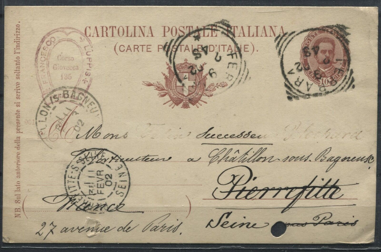 ENTIER POSTALE ITALIE POUR PARIS 1902 120931957228