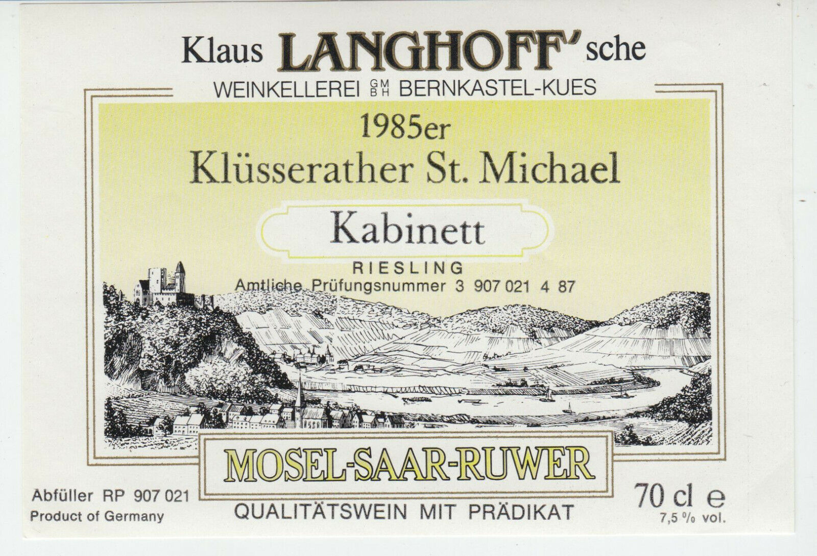 ETIQUETTE DE VIN 1985 KLAUS LANGHOFF KABINETT MOSEL SAAR RUWER 124438225758