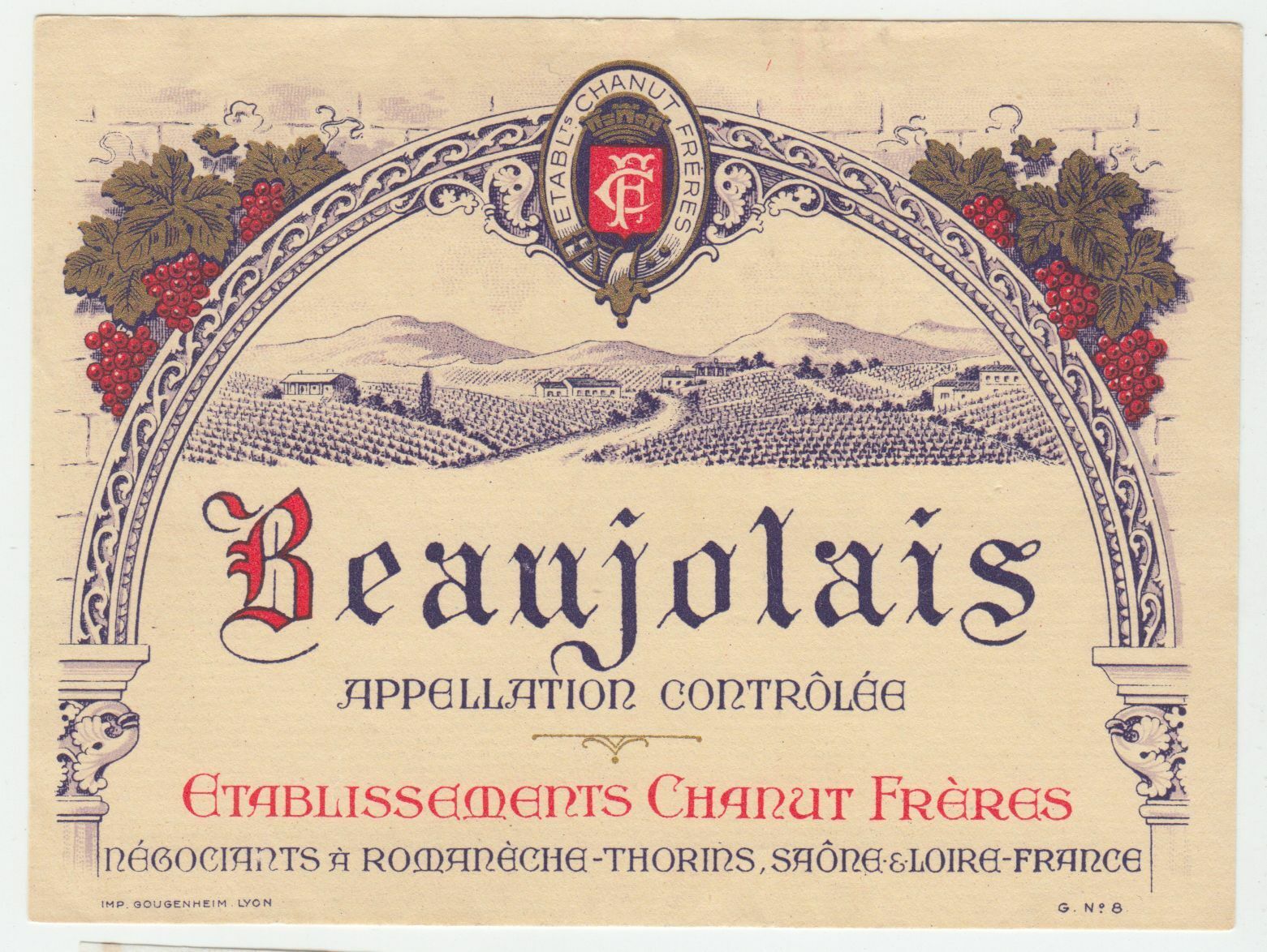 ETIQUETTE DE VIN BEAUJOLAIS ETABLISSEMENT CHANUT FRERES 124576538578