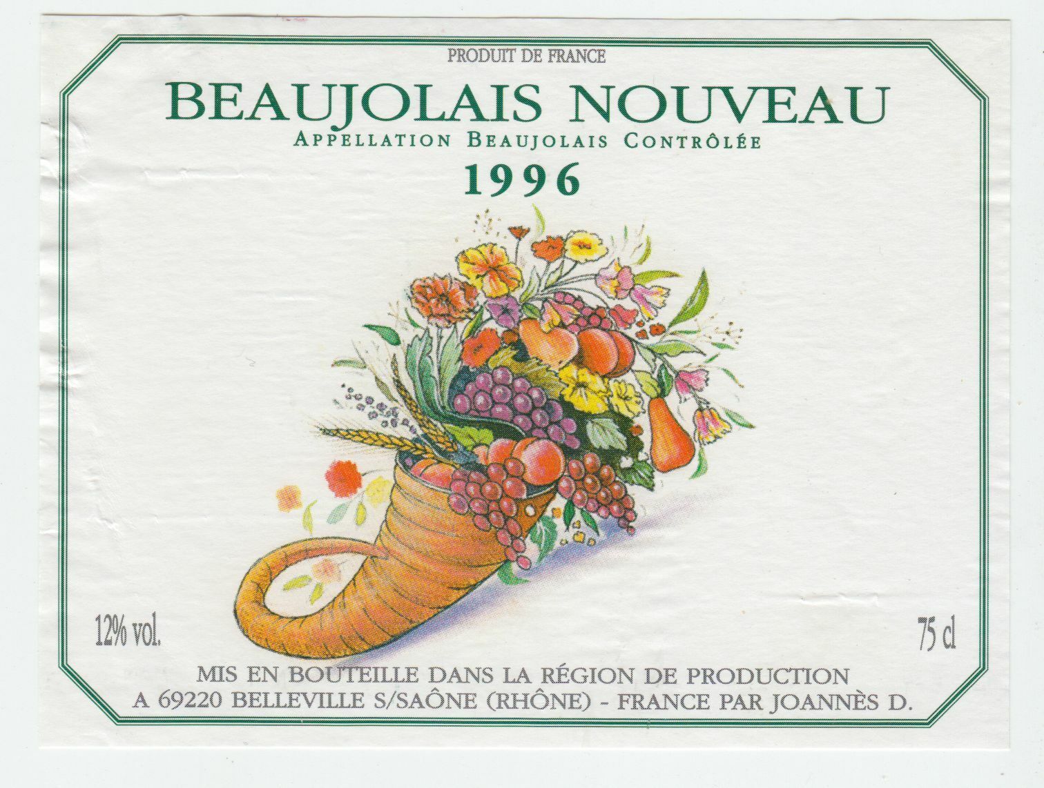 ETIQUETTE DE VIN BEAUJOLAIS NOUVEAU 1996 124576538638