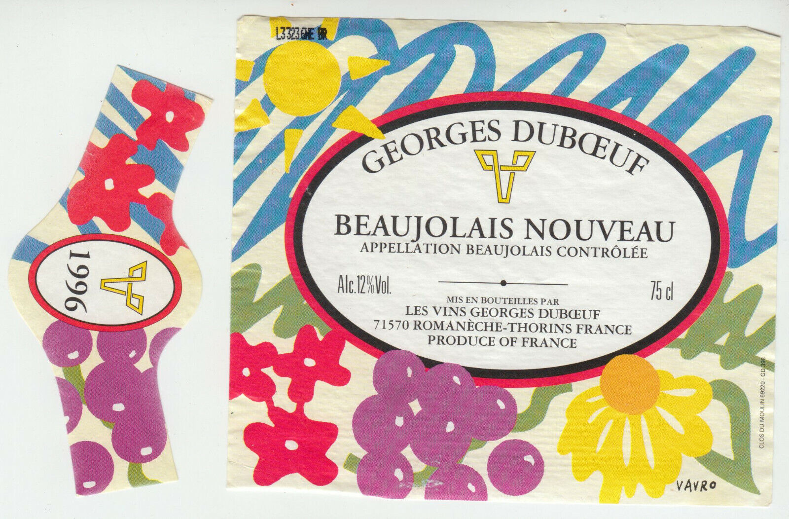 ETIQUETTE DE VIN BEAUJOLAIS NOUVEAU 1996 GEORGES DUBOEUF 402695572998