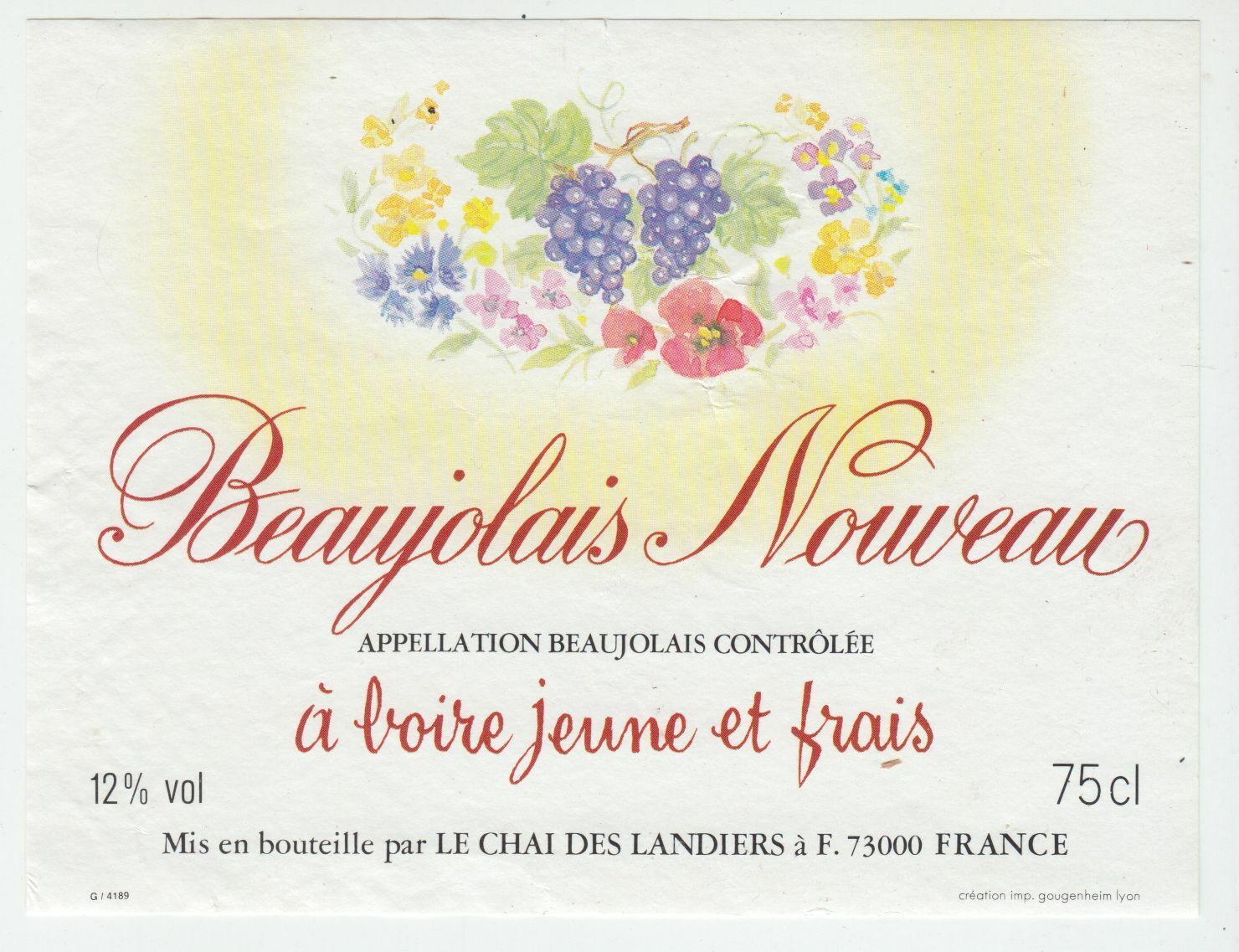 ETIQUETTE DE VIN BEAUJOLAIS NOUVEAU LE CHAI DES LANDIERS 124576538678