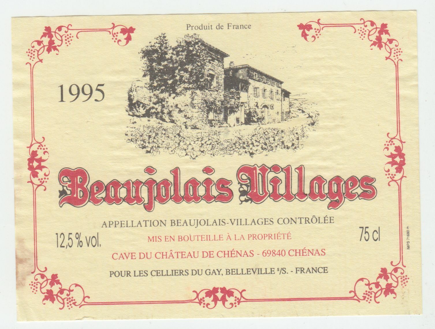 ETIQUETTE DE VIN BEAUJOLAIS VILLAGES 1995 CAVE DU CHATEAU DE CHENAS 124576538608