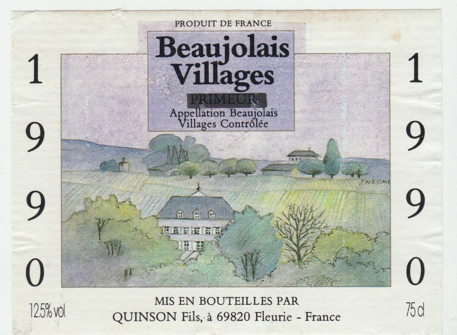 ETIQUETTE DE VIN BEAUJOLAIS VILLAGES PRIMEUR 1990 QUINSON FILS 402695573058