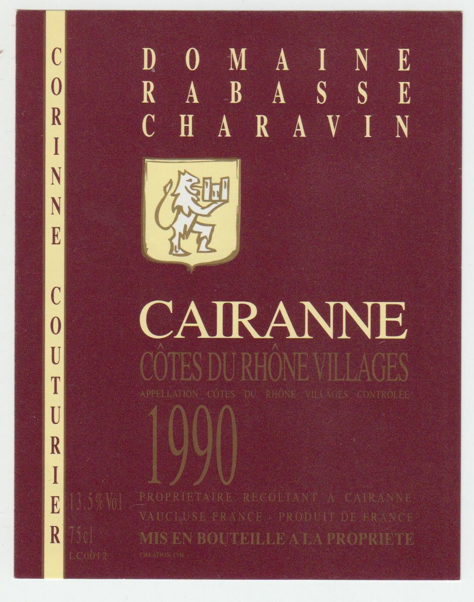 ETIQUETTE DE VIN BONS COTES DU RHONE VILLAGES 1990 DOMAINE RABASSE CHARAVIN 402581825558