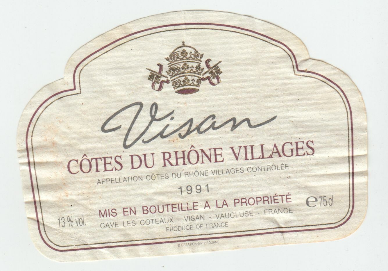 ETIQUETTE DE VIN BONS COTES DU RHONE VILLAGES 1991 VISAN 124461947808