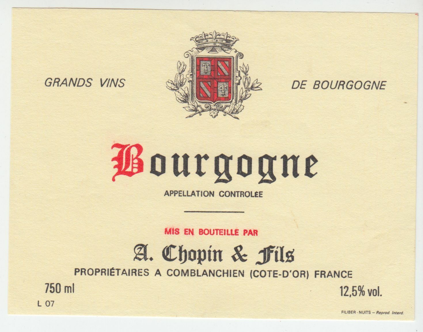 ETIQUETTE DE VIN BOURGOGNE A CHOPIN ET FILS 124555697058