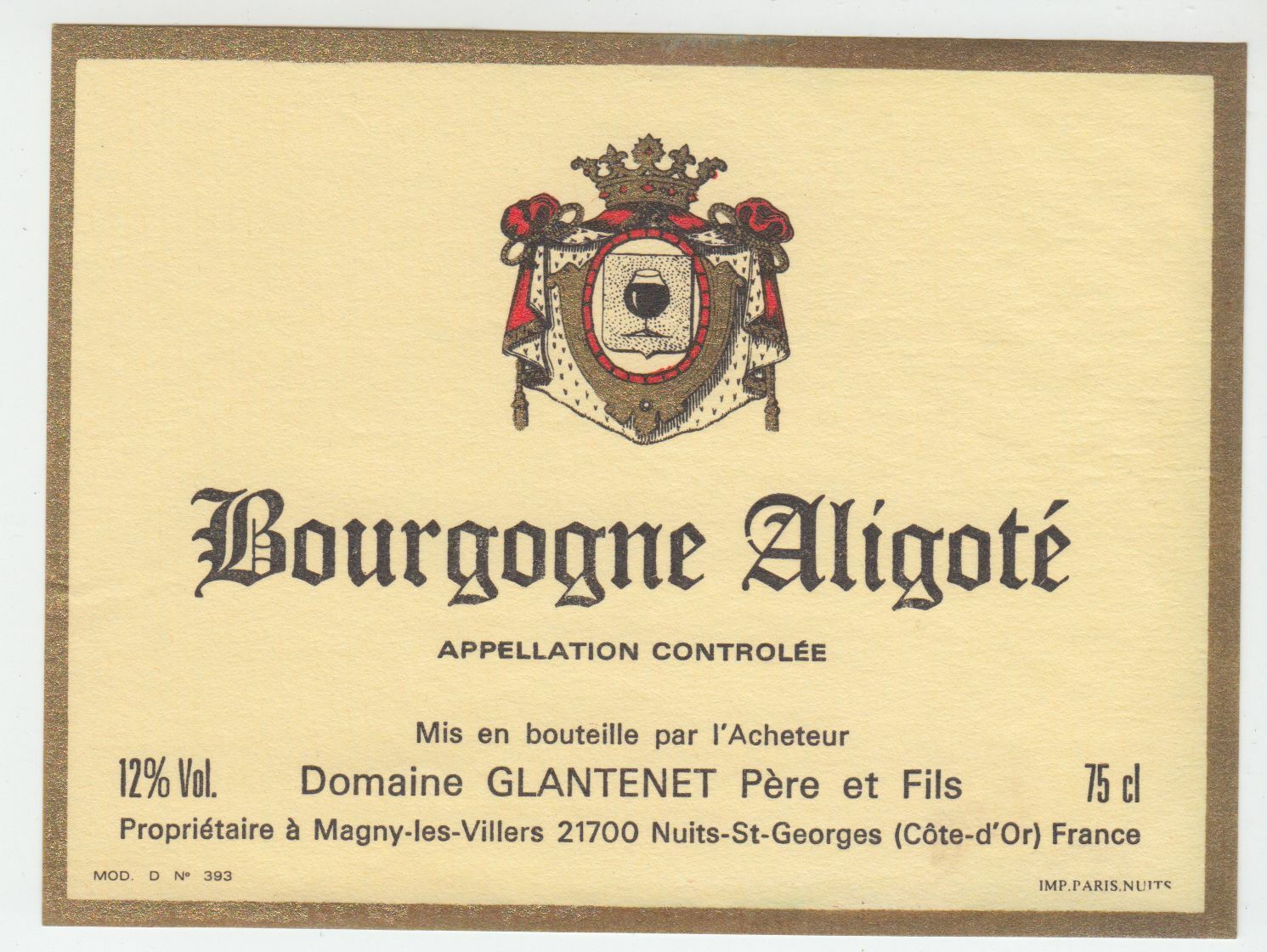 ETIQUETTE DE VIN BOURGOGNE ALIGOTE DOMAINE GLANTENET PERE ET FILS 402673357248