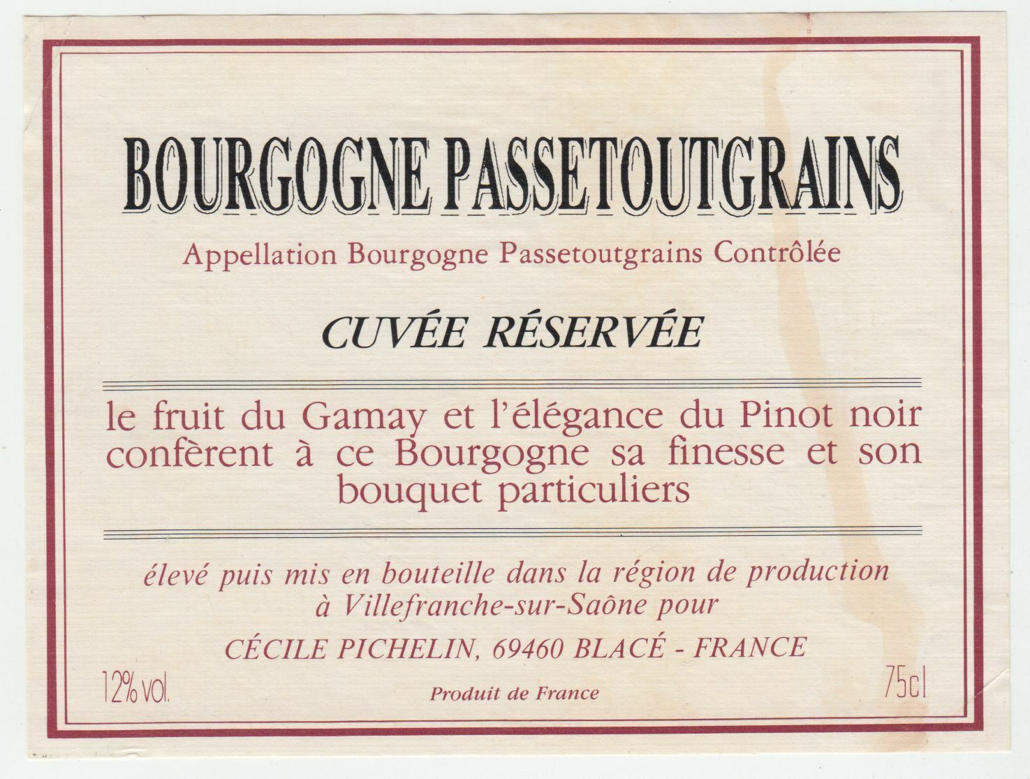 ETIQUETTE DE VIN BOURGOGNE PASSETOUTGRAINS CECILE PICHELIN 124555697028