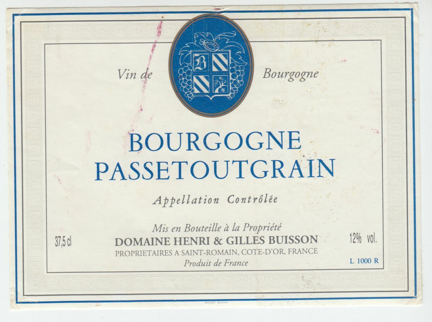 ETIQUETTE DE VIN BOURGOGNE PASSETOUTGRAINS DOMAINE HENRI ET GILLES BUISSON 124555697048