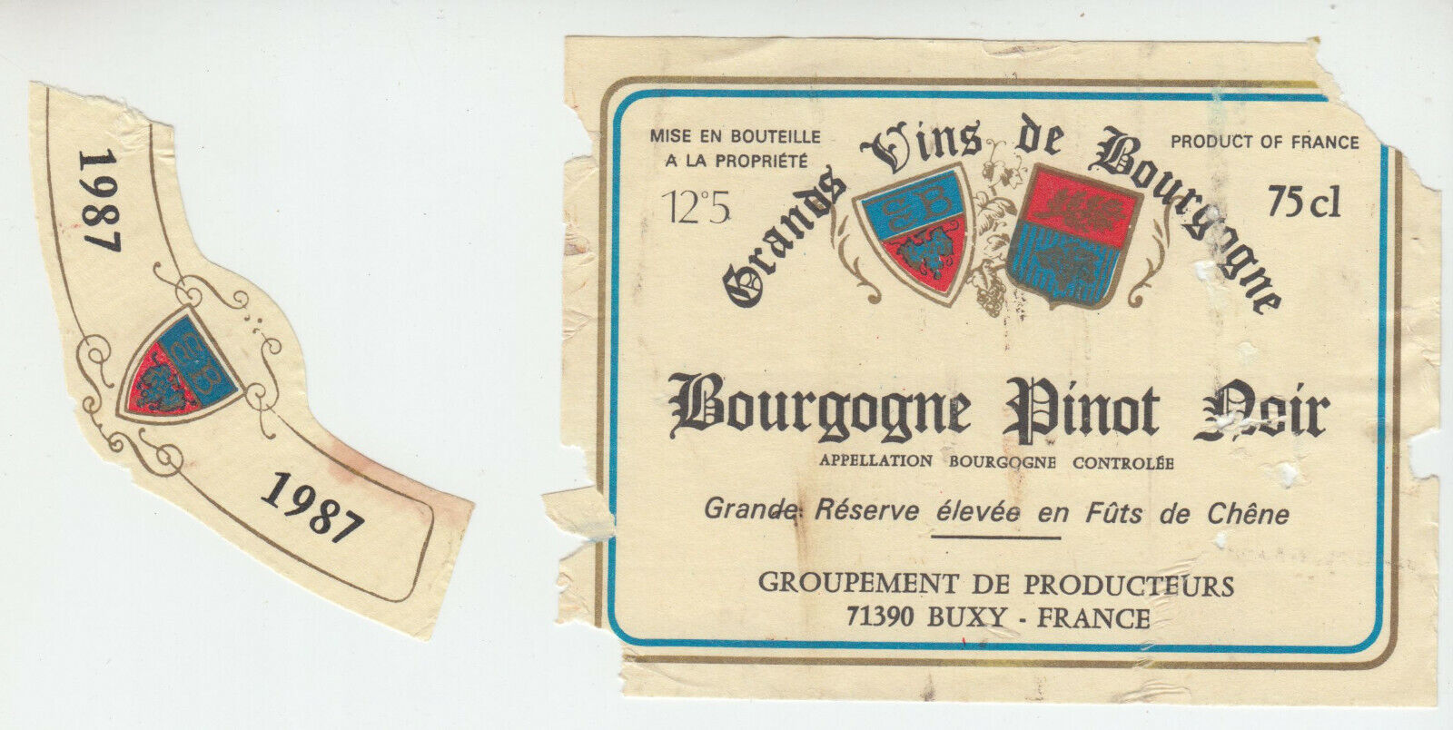 ETIQUETTE DE VIN BOURGOGNE PINOT NOIR 1987 124555697038