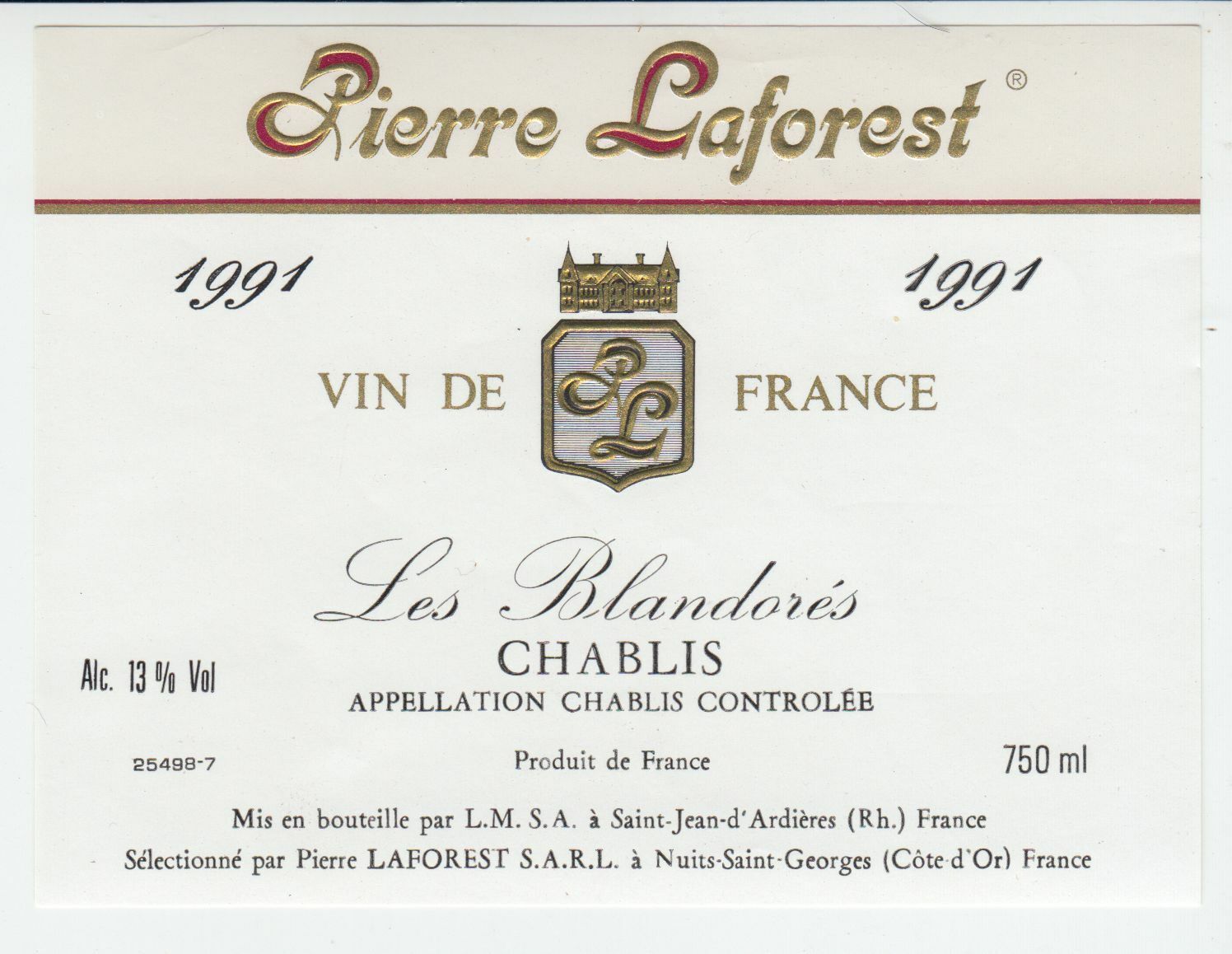 ETIQUETTE DE VIN CHABLIS 1991 LES BLANDORES 402582999368