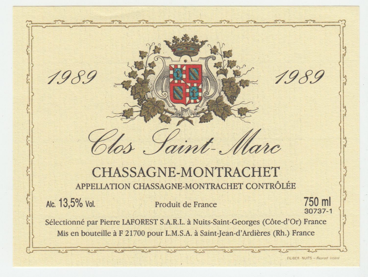 ETIQUETTE DE VIN CHASSAGNE MONTRACHET 1989 CLOS SAINT MARC 124555697078