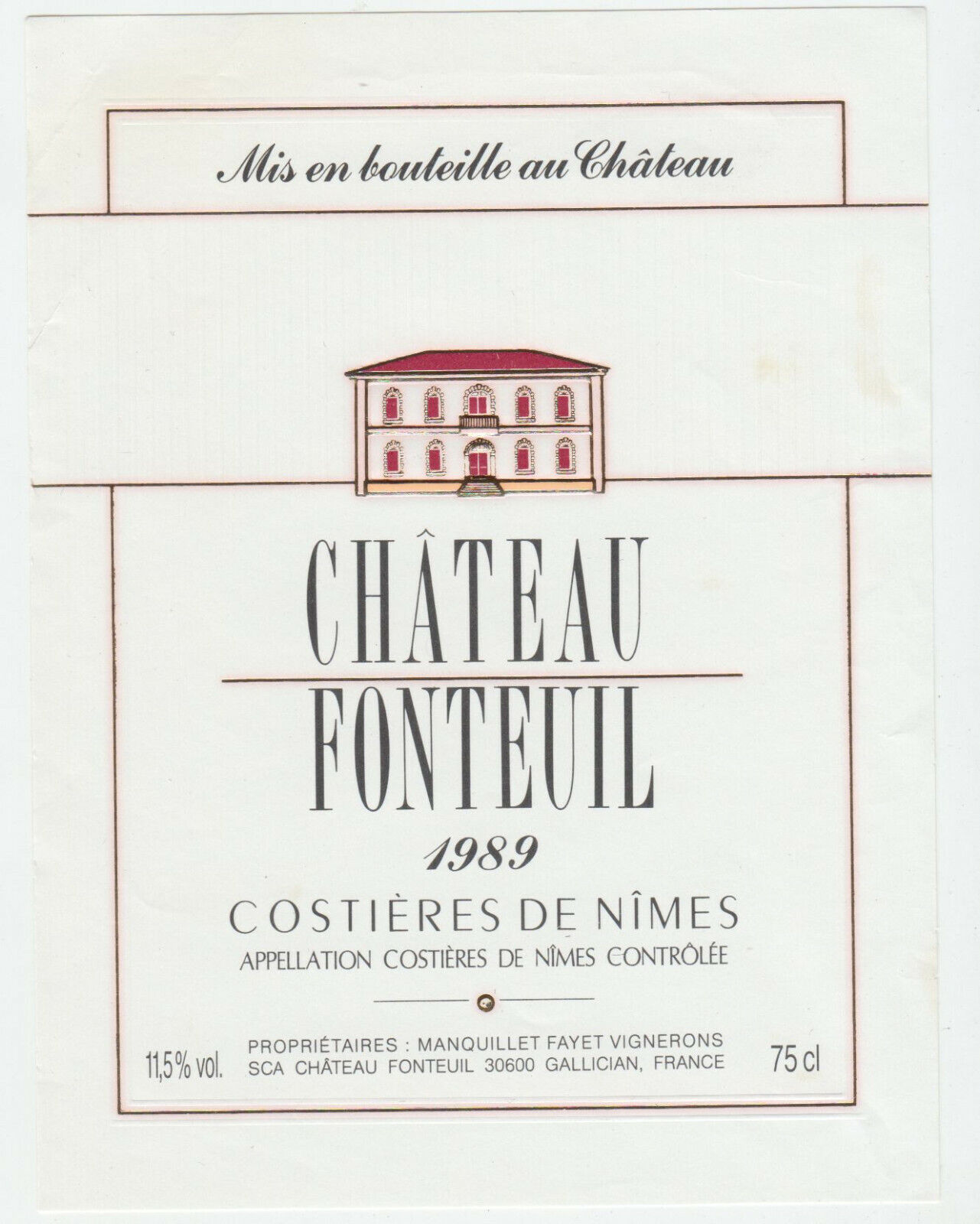 ETIQUETTE DE VIN COSTIERES DE NIMES 1989 CHATEAU FONTEUIL 402669072108