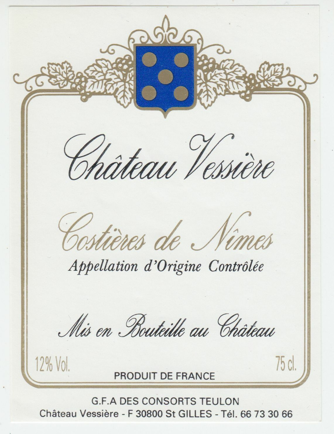 ETIQUETTE DE VIN COSTIERES DE NIMES CHATEAU VESSIERE 124463377108