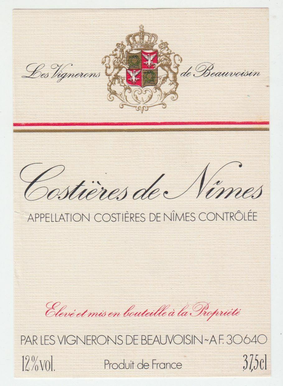 ETIQUETTE DE VIN COSTIERES DE NIMES LES VIGNERONS DE BEAUVOISIN 124552112048