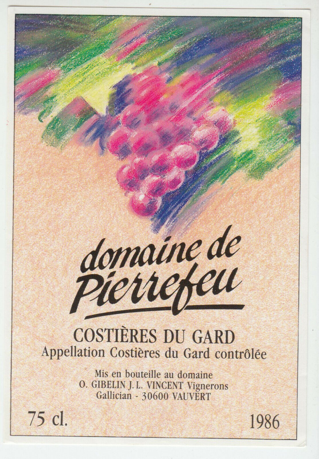 ETIQUETTE DE VIN COSTIERES DU GARD DOMAINE DE PIERREFEU 1986 402654737158