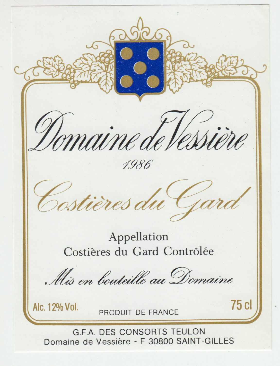 ETIQUETTE DE VIN COSTIERES DU GARD DOMAINE DE VESSIERE 1986 402654737168