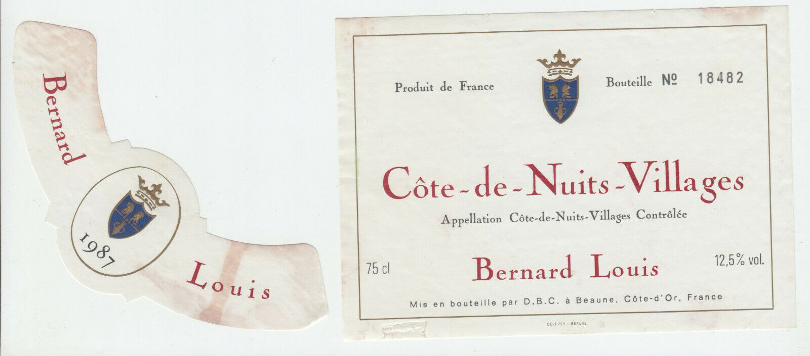 ETIQUETTE DE VIN COTE DE NUITS VILLAGES 1987 BERNARD LOUIS 124552112018