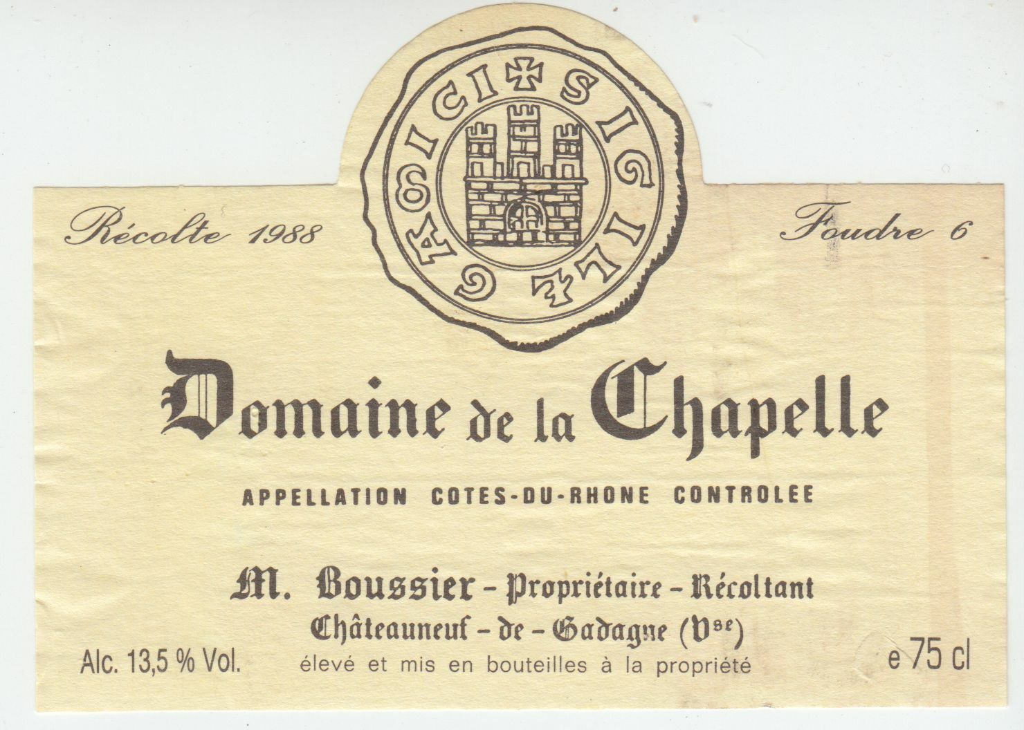 ETIQUETTE DE VIN COTES DU RHONE 1988 DOMAINE DE LA CHAPELLE BOURSIER 124461944678