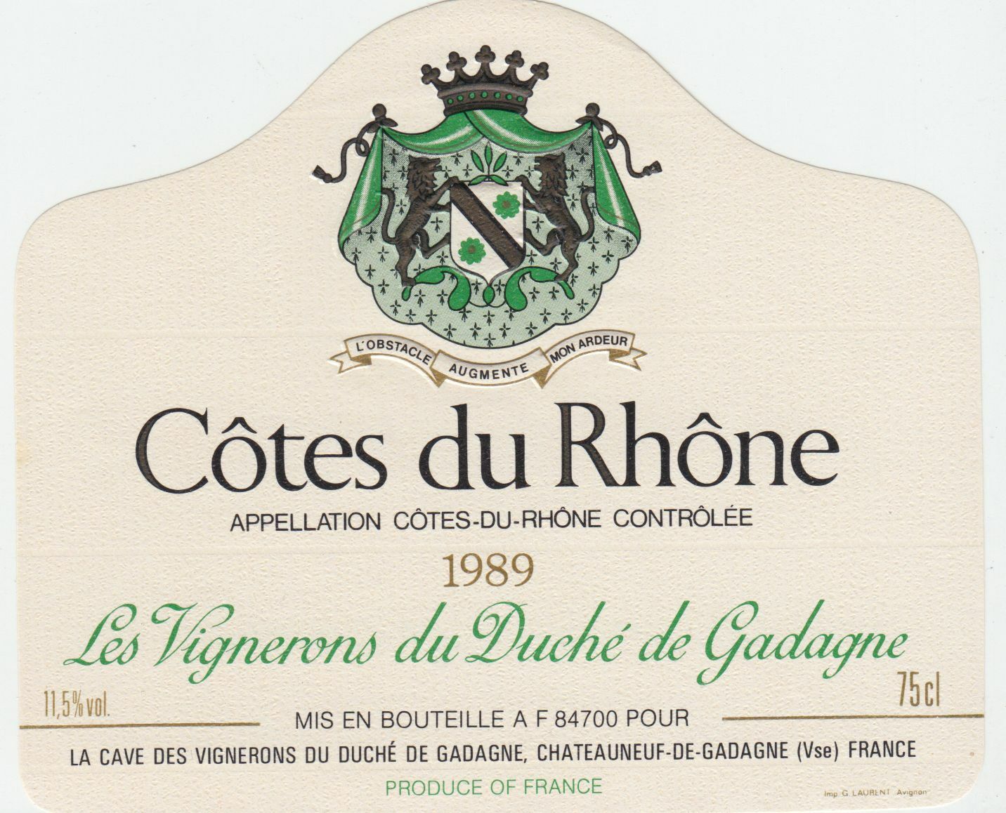 ETIQUETTE DE VIN COTES DU RHONE 1989 DUCHE DE GADAGNE 402669072118