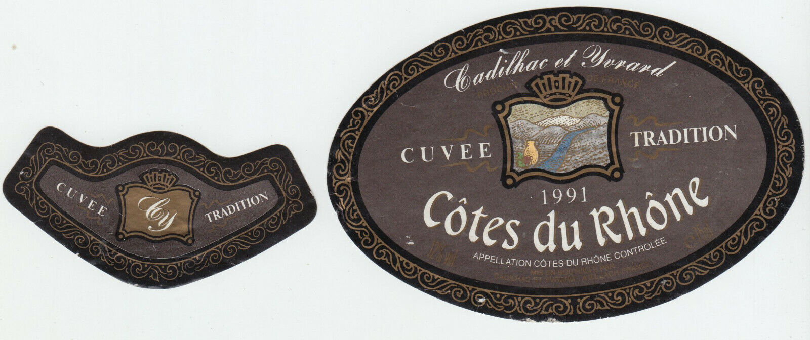 ETIQUETTE DE VIN COTES DU RHONE 1991 CADILHAC ET YVRARD 402581823738